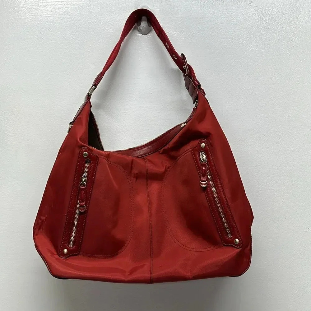 Tumi Purse Travel Hobo Handbag Tote Shoulder Strap Bag Nylon Leather Large Red